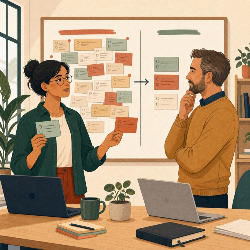 Software engineer and project lead calmly reviewing scope and deadlines on a project board