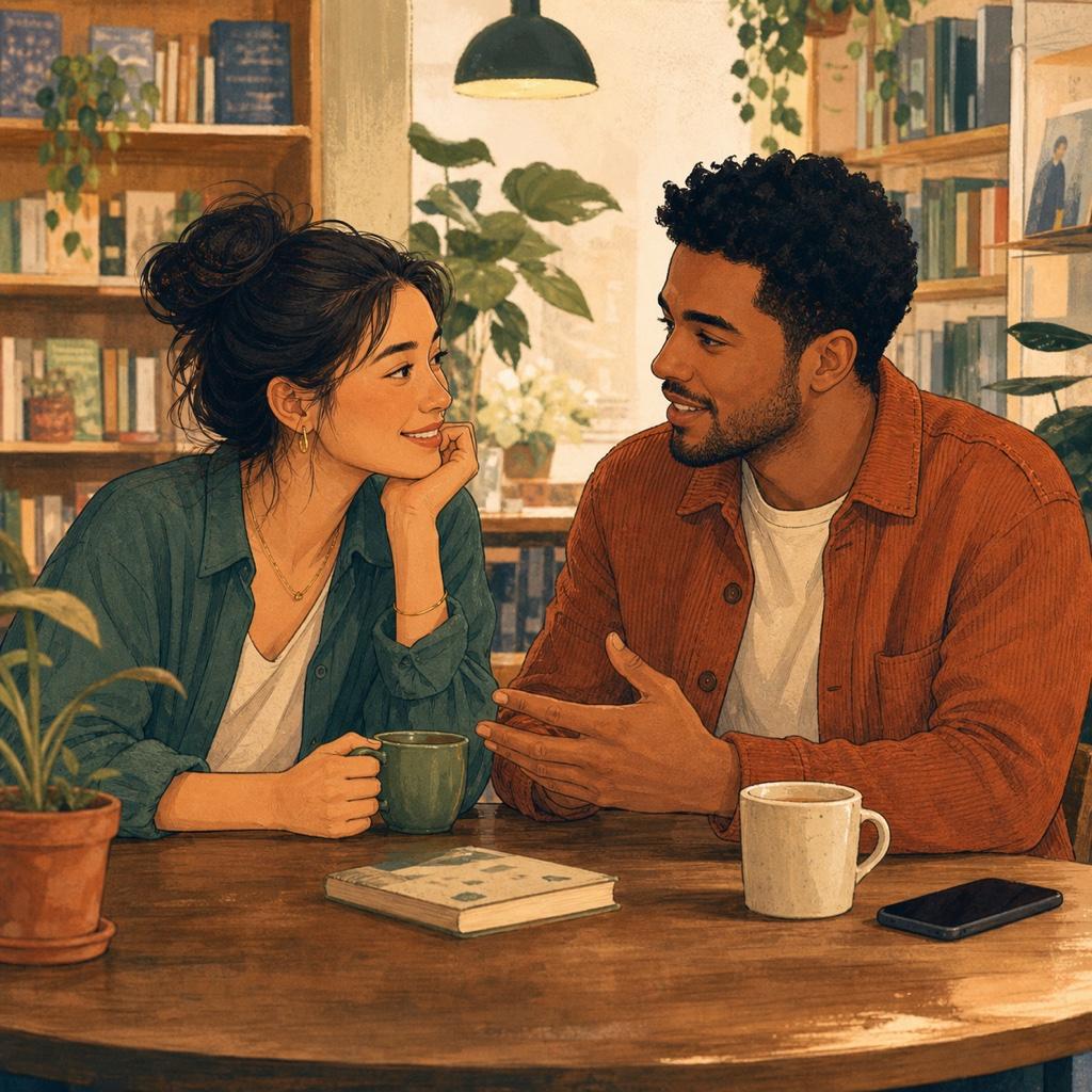 Two people showing mutual attention and warmth during a relaxed café conversation