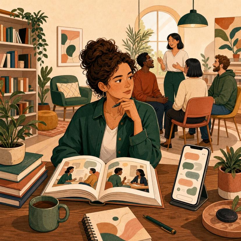 A person comparing a book, a small workshop, and a phone-based practice tool for building social skills