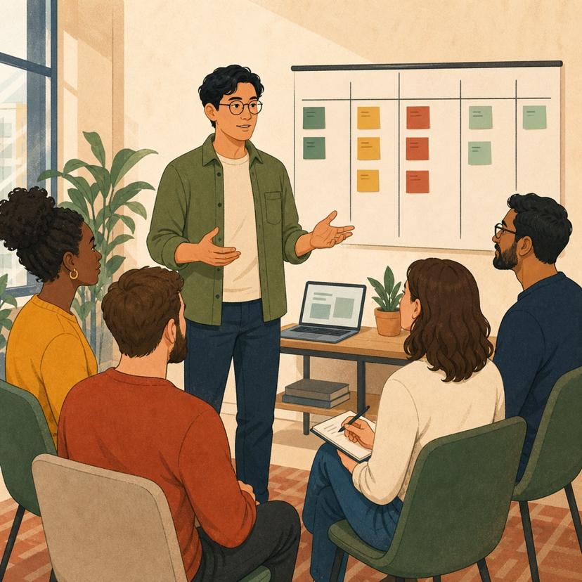 Software engineers sharing concise updates during a relaxed daily standup
