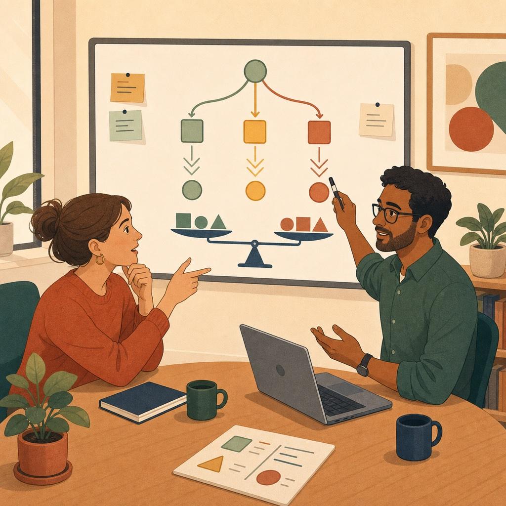 Engineer comparing technical options with non-technical stakeholders at a whiteboard