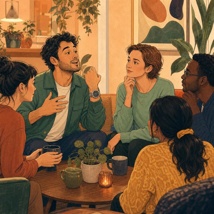 Two people talking at a table while one gestures enthusiastically and the other listens with a thoughtful expression