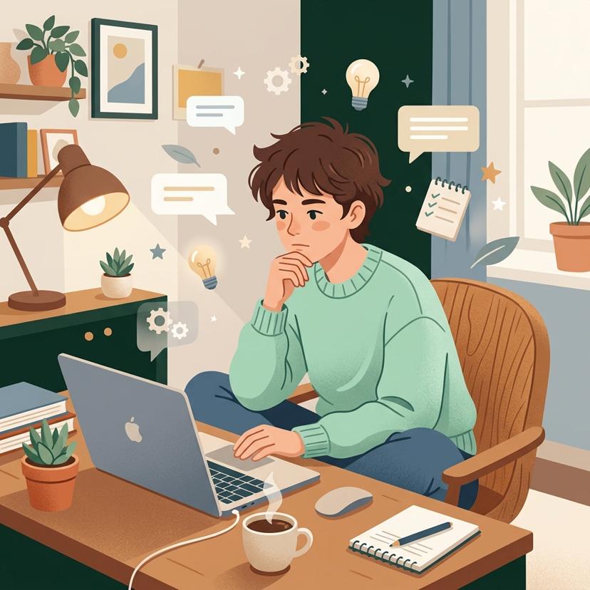 A thoughtful person at their desk practicing a conversation, surrounded by chat bubbles and lightbulb ideas